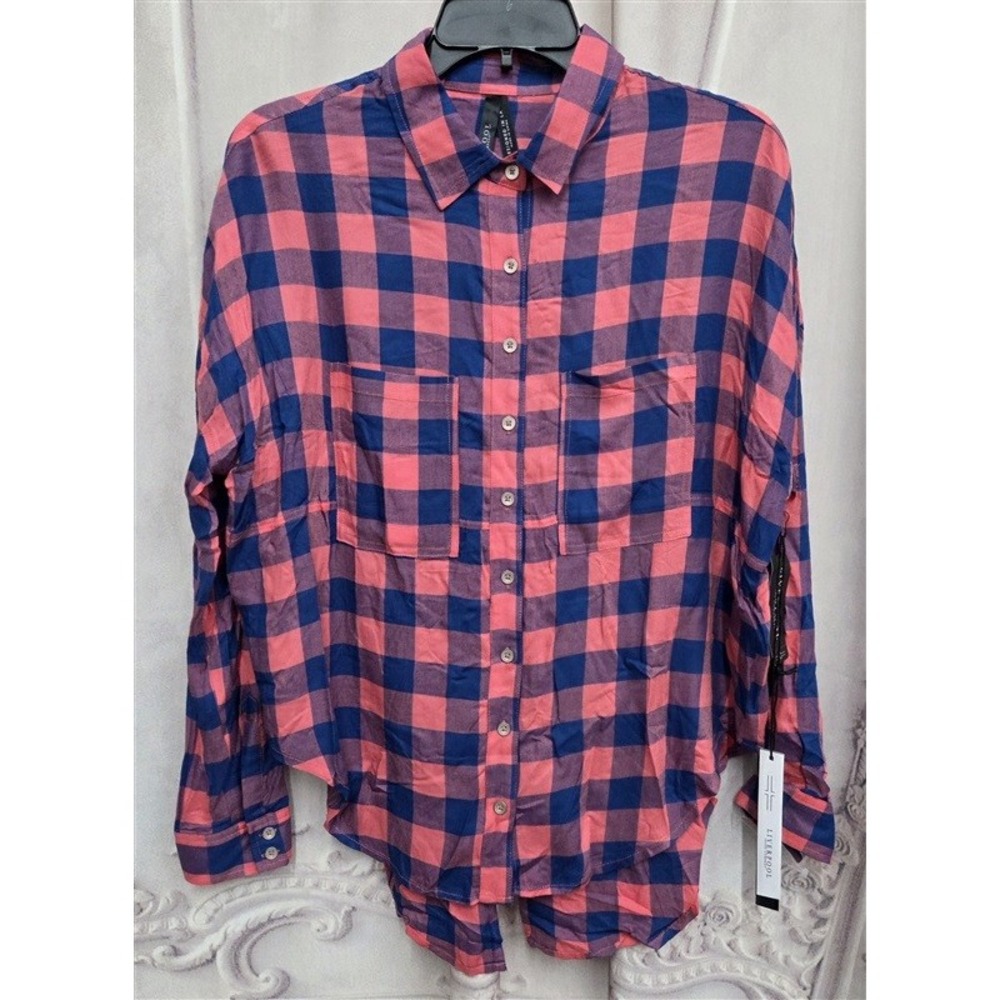 NWT Liverpool XS Button Up Long Sleeve Plaid Pink Blue Top 131998